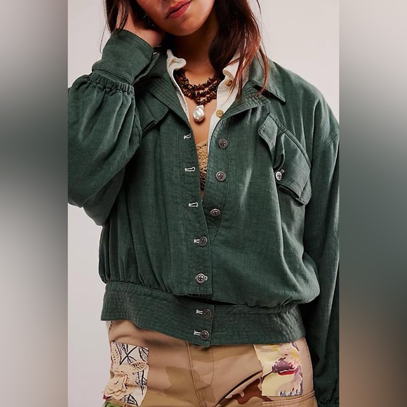 NWOT Free People Billy Saddle Green Bomber Jacket Linen Blend Size XS - Picture 2 of 8